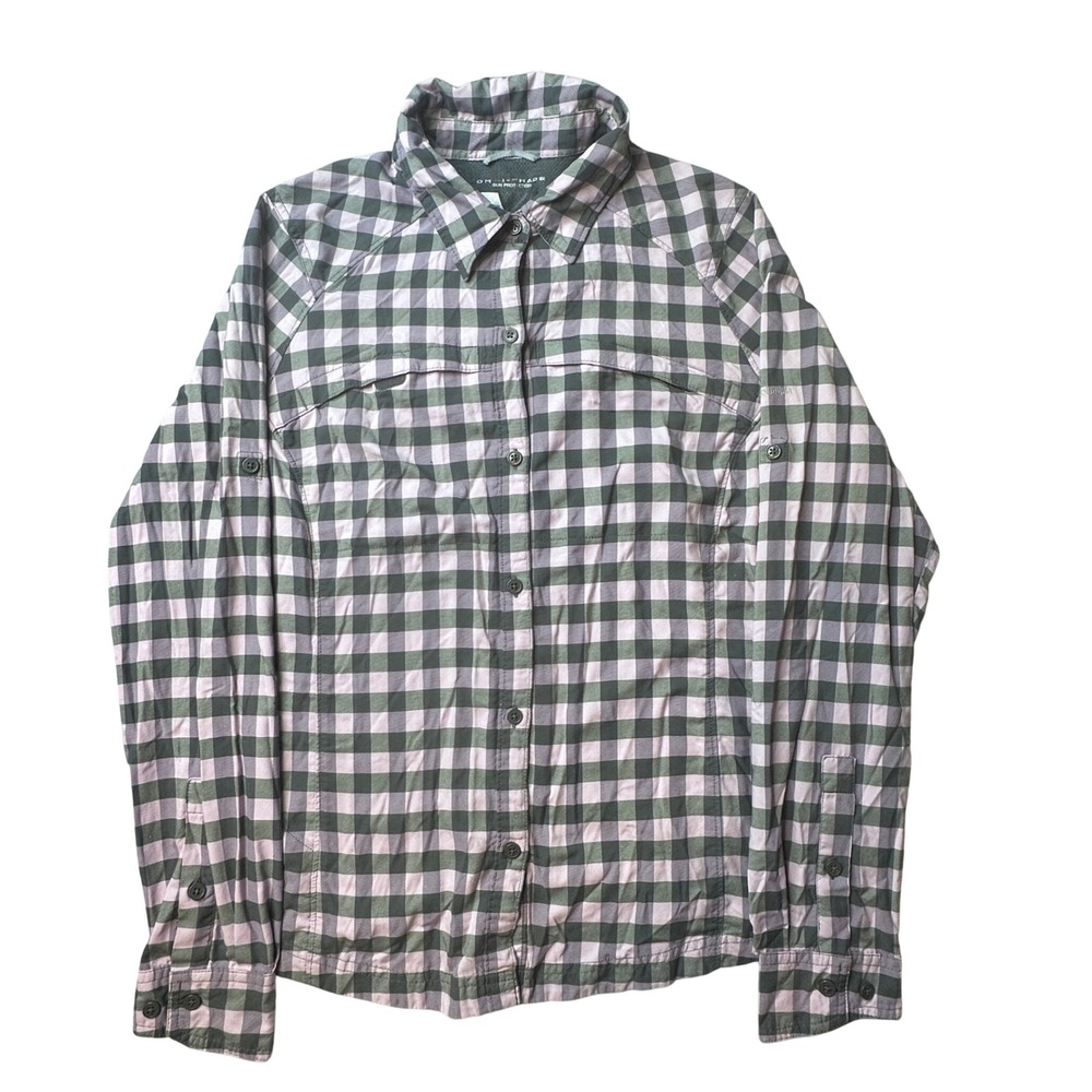 Columbia Shirt Women S Purple Gingham Button Up Omni-Shade Plaid Roll Tab Hiking